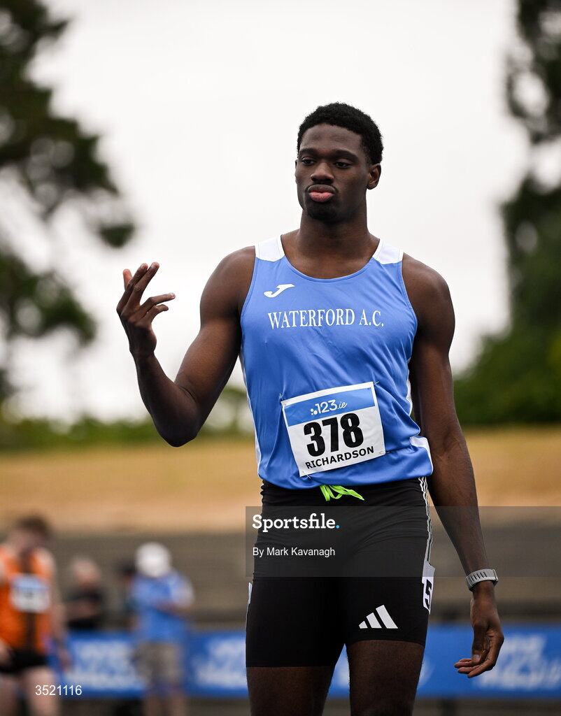 25 July 2026; Benjamin Richardson of Waterford A.C. before the 200m during day one of the 123.ie National Senior Track & Field Championships 2026 at Morton Stadium in Dublin. Photo by Mark Kavanagh/Sportsfile