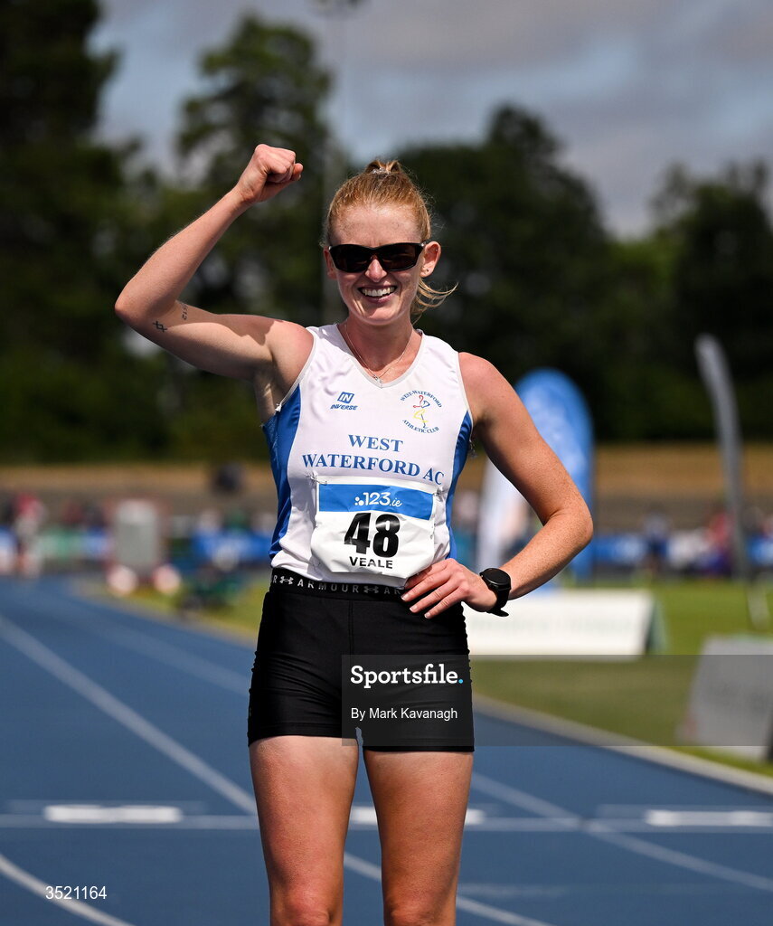 25 July 2026; Kate Veale of West Waterford A.C. celebrates after winning her 30th national title after the 5000m walk during day one of the 123.ie National Senior Track & Field Championships 2026 at Morton Stadium in Dublin. Photo by Mark Kavanagh/Sportsfile