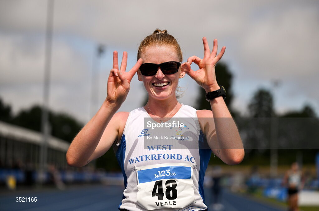 25 July 2026; Kate Veale of West Waterford A.C. celebrates after winning her 30th national title after the 5000m walk during day one of the 123.ie National Senior Track & Field Championships 2026 at Morton Stadium in Dublin. Photo by Mark Kavanagh/Sportsfile