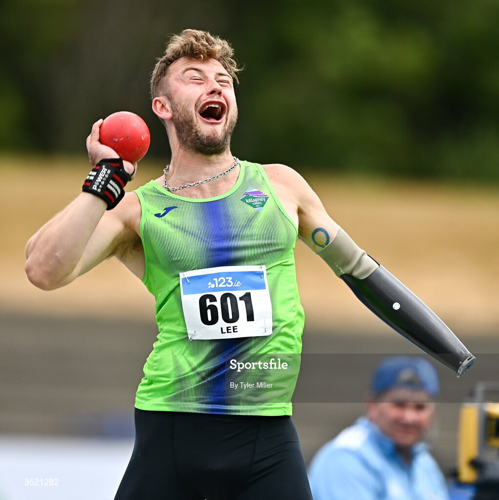 25 July 2026; Jordan Lee of Killarney Valley A.C., Kerry, competes in the men's shot put during day one of the 123.ie National Senior Track & Field Championships 2026 at Morton Stadium in Dublin. Photo by Tyler Miller/Sportsfile