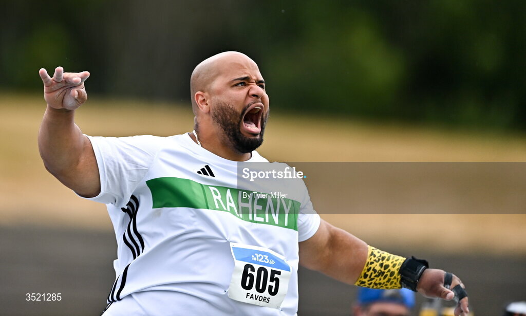 25 July 2026; Eric Favors of Raheny Shamrock A.C., Dublin, competes in the men's shot put during day one of the 123.ie National Senior Track & Field Championships 2026 at Morton Stadium in Dublin. Photo by Tyler Miller/Sportsfile