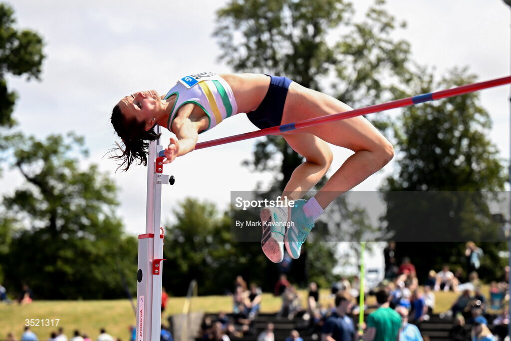 25 July 2026; Daena Kealy of St. Abbans A.C. jumps a PB of 1.87 to win the high jump during day one of the 123.ie National Senior Track & Field Championships 2026 at Morton Stadium in Dublin. Photo by Mark Kavanagh/Sportsfile