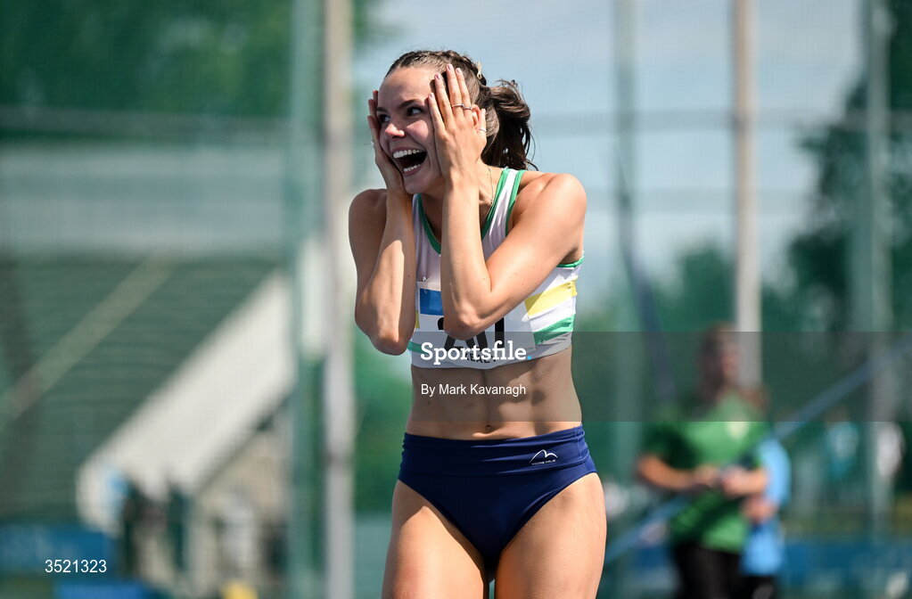 25 July 2026; Daena Kealy of St. Abbans A.C. reacts to setting a new PB and national lead of 1.87m in the high jump during day one of the 123.ie National Senior Track & Field Championships 2026 at Morton Stadium in Dublin. Photo by Mark Kavanagh/Sportsfile