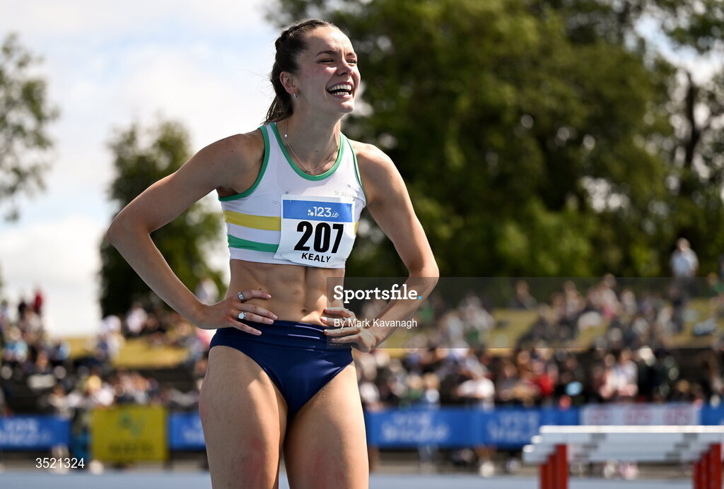 25 July 2026; Daena Kealy of St. Abbans A.C. celebrates after winning the high jump and setting a new PB and national lead of 1.87m during day one of the 123.ie National Senior Track & Field Championships 2026 at Morton Stadium in Dublin Photo by Mark Kavanagh/Sportsfile