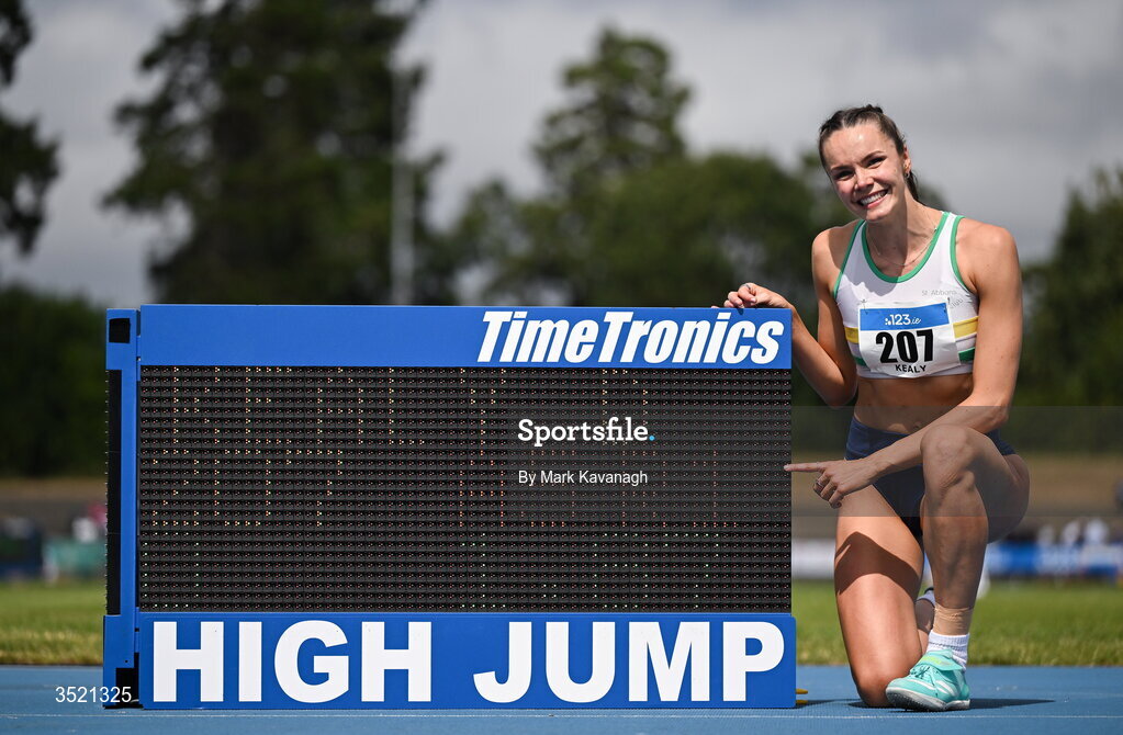 25 July 2026; Daena Kealy of St. Abbans A.C. poses with the scoreboard after winning the high jump after setting a new PB and national lead of 1.87m during day one of the 123.ie National Senior Track & Field Championships 2026 at Morton Stadium in Dublin. Photo by Mark Kavanagh/Sportsfile