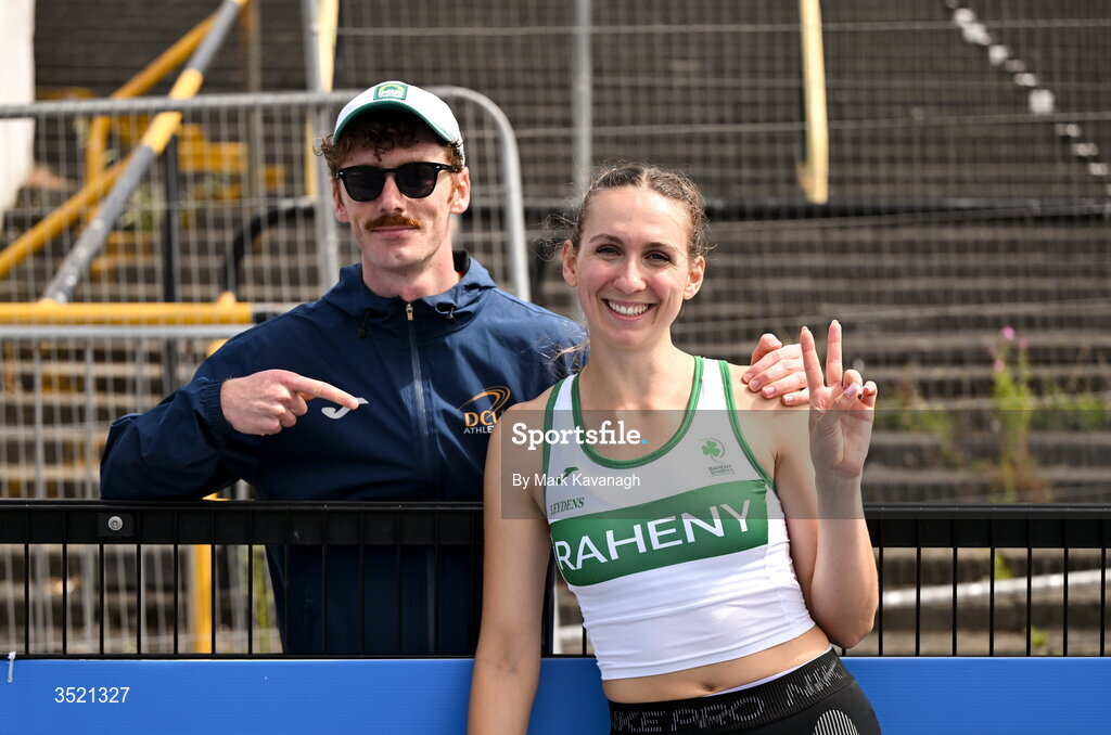 25 July 2026; Daphni Doulaptsi Teeuwen of Raheny Shamrock A.C. celerates winning the triple jump with her coach and last years national indoor long jump champion Colm Bourke during day one of the 123.ie National Senior Track & Field Championships 2026 at Morton Stadium in Dublin. Photo by Mark Kavanagh/Sportsfile