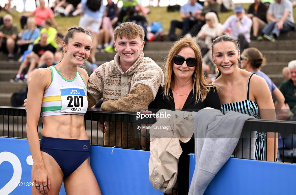 25 July 2026; From left, Daena Kealy of St. Abbans A.C. with her brother Evan, mother Michelle and sister Lauren after she wins the high jump during day one of the 123.ie National Senior Track & Field Championships 2026 at Morton Stadium in Dublin. Photo by Mark Kavanagh/Sportsfile