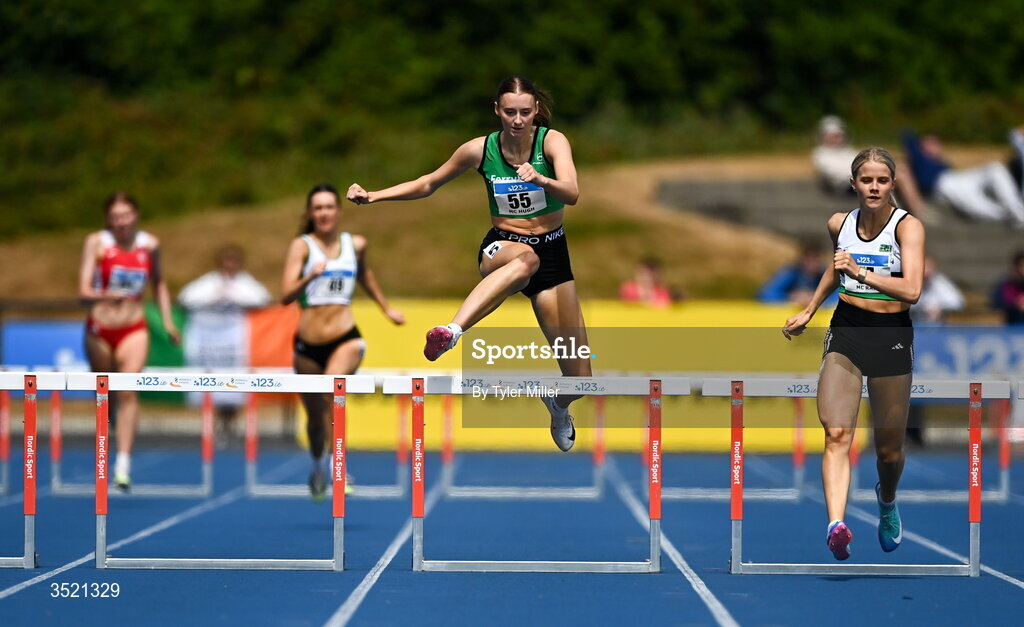 25 July 2026; Ellis McHugh of Ferrybank A.C., Waterford, centre, competes in the women's 400m hurdles heats during day one of the 123.ie National Senior Track & Field Championships 2026 at Morton Stadium in Dublin. Photo by Tyler Miller/Sportsfile