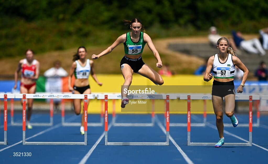 25 July 2026; Ellis McHugh of Ferrybank A.C., Waterford, centre, competes in the women's 400m hurdles heats during day one of the 123.ie National Senior Track & Field Championships 2026 at Morton Stadium in Dublin. Photo by Tyler Miller/Sportsfile