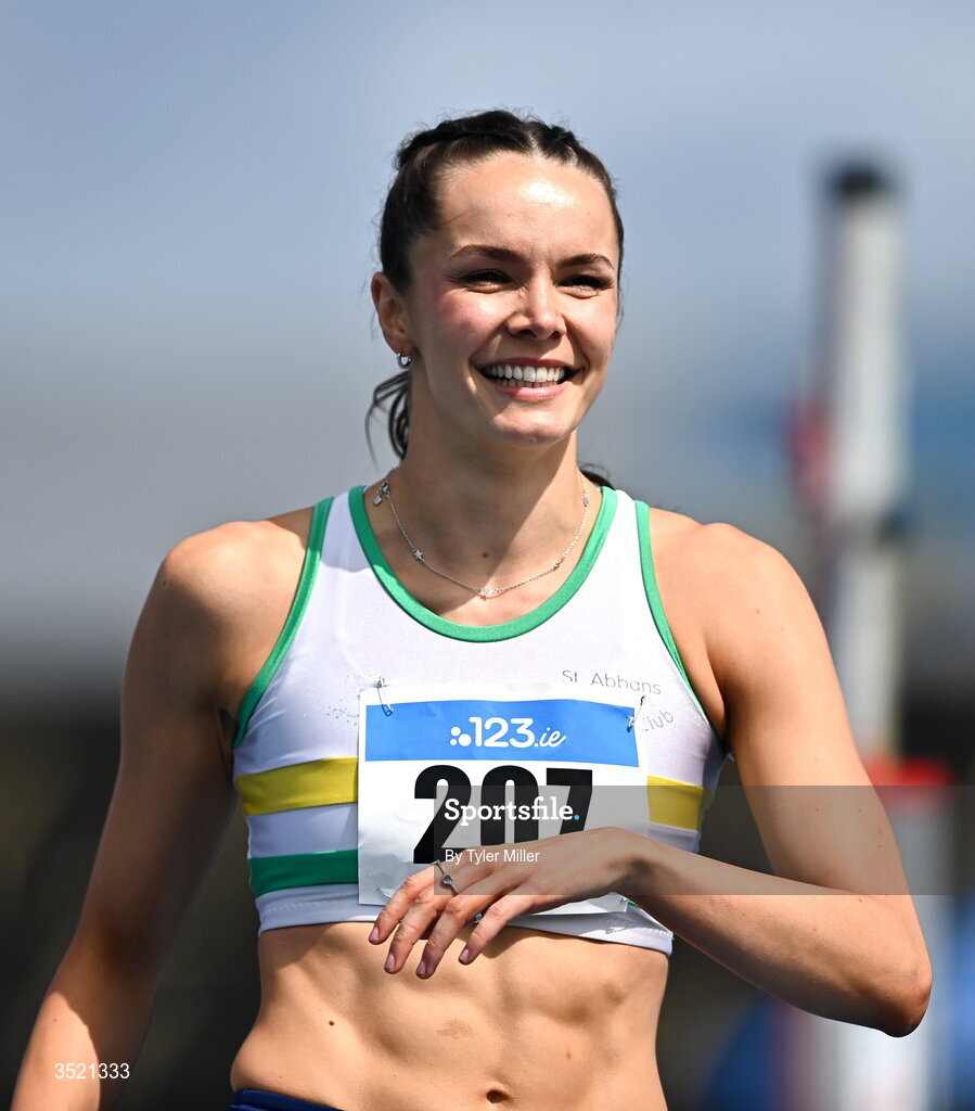 25 July 2026; Daena Kealy of St. Abbans A.C., Laois, celebrates after clearing 1.87m, a new personal best and national lead in the women's high jump during day one of the 123.ie National Senior Track & Field Championships 2026 at Morton Stadium in Dublin. Photo by Tyler Miller/Sportsfile