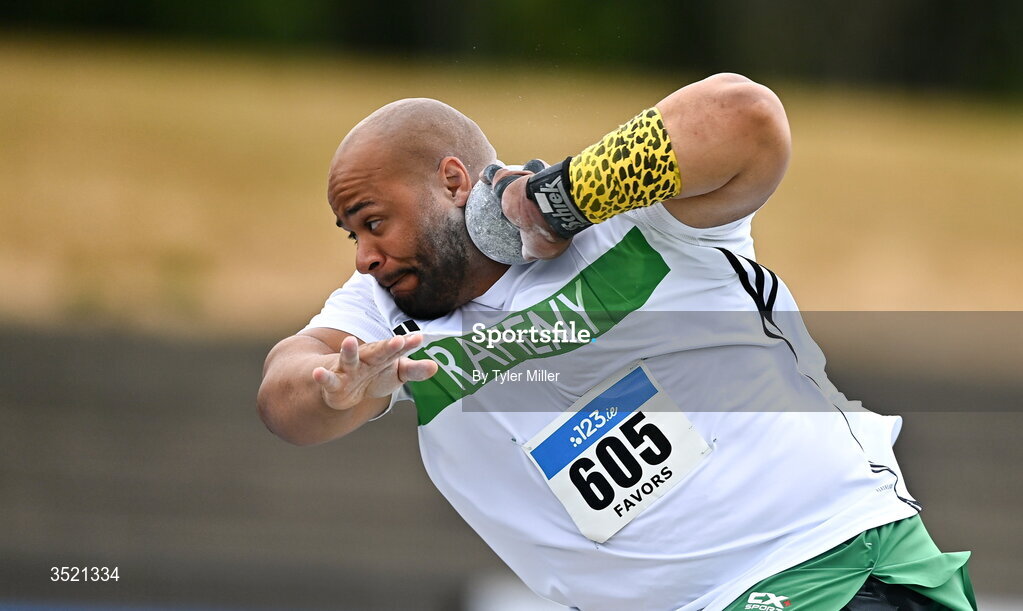 25 July 2026; Eric Favors of Raheny Shamrock A.C., Dublin, competes in the men's shot put during day one of the 123.ie National Senior Track & Field Championships 2026 at Morton Stadium in Dublin. Photo by Tyler Miller/Sportsfile