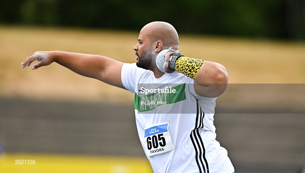 25 July 2026; Eric Favors of Raheny Shamrock A.C., Dublin, competes in the men's shot put during day one of the 123.ie National Senior Track & Field Championships 2026 at Morton Stadium in Dublin. Photo by Tyler Miller/Sportsfile