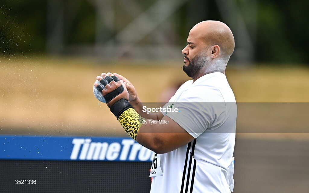 25 July 2026; Eric Favors of Raheny Shamrock A.C., Dublin, competes in the men's shot put during day one of the 123.ie National Senior Track & Field Championships 2026 at Morton Stadium in Dublin. Photo by Tyler Miller/Sportsfile