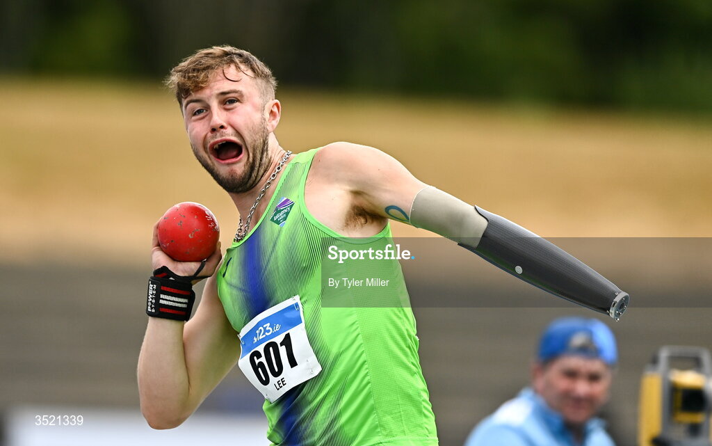 25 July 2026; Jordan Lee of Killarney Valley A.C., Kerry, competes in the men's shot put during day one of the 123.ie National Senior Track & Field Championships 2026 at Morton Stadium in Dublin. Photo by Tyler Miller/Sportsfile