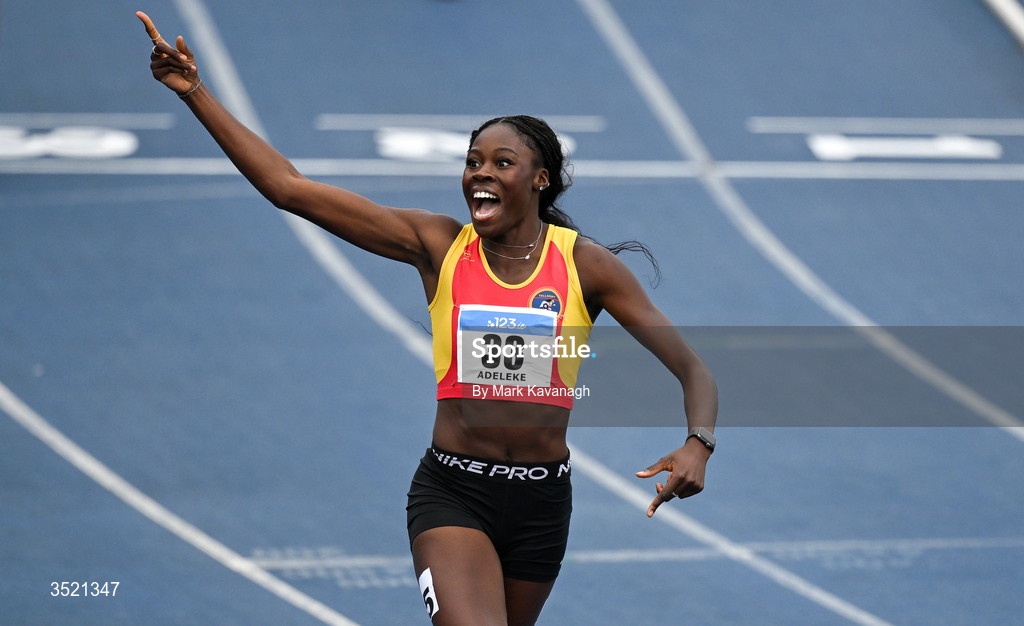 25 July 2026; Rhasidat Adeleke of Tallaght A.C. celebrates winning the 200m final and running a European qualifying time during day one of the 123.ie National Senior Track & Field Championships 2026 at Morton Stadium in Dublin. Photo by Mark Kavanagh/Sportsfile