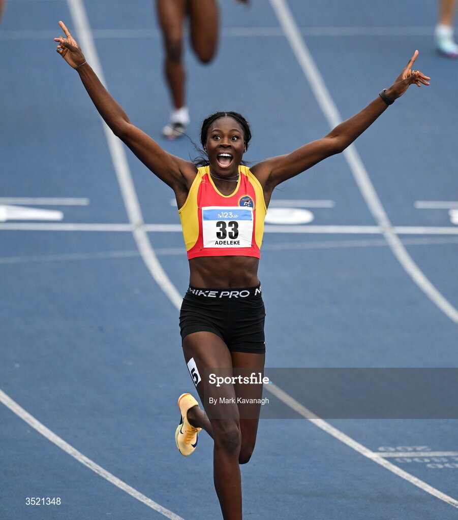 25 July 2026; Rhasidat Adeleke of Tallaght A.C. celebrates winning the 200m final and running a European qualifying time during day one of the 123.ie National Senior Track & Field Championships 2026 at Morton Stadium in Dublin. Photo by Mark Kavanagh/Sportsfile