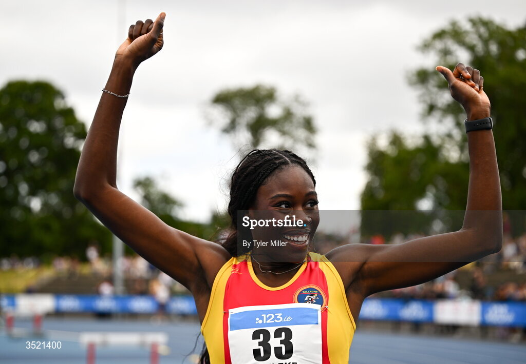 25 July 2026; Rhasidat Adeleke of Tallaght A.C., Dublin, celebrates after winning the women's 200m final during day one of the 123.ie National Senior Track & Field Championships 2026 at Morton Stadium in Dublin. Photo by Tyler Miller/Sportsfile
