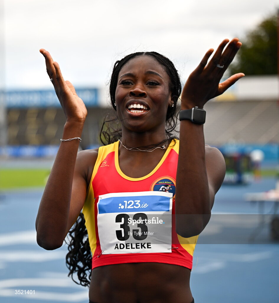 25 July 2026; Rhasidat Adeleke of Tallaght A.C., Dublin, celebrates after winning the women's 200m final during day one of the 123.ie National Senior Track & Field Championships 2026 at Morton Stadium in Dublin. Photo by Tyler Miller/Sportsfile