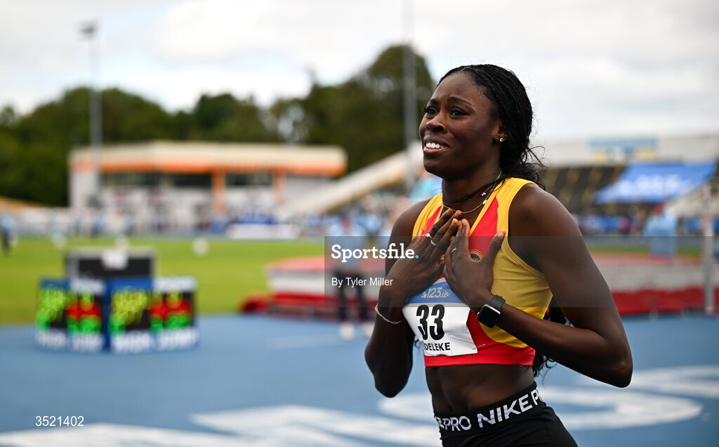 25 July 2026; Rhasidat Adeleke of Tallaght A.C., Dublin, celebrates after winning the women's 200m final during day one of the 123.ie National Senior Track & Field Championships 2026 at Morton Stadium in Dublin. Photo by Tyler Miller/Sportsfile