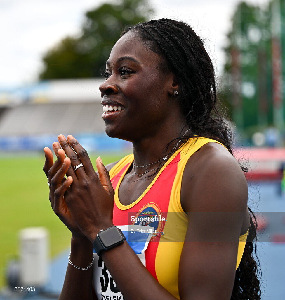 25 July 2026; Rhasidat Adeleke of Tallaght A.C., Dublin, celebrates after winning the women's 200m final during day one of the 123.ie National Senior Track & Field Championships 2026 at Morton Stadium in Dublin. Photo by Tyler Miller/Sportsfile