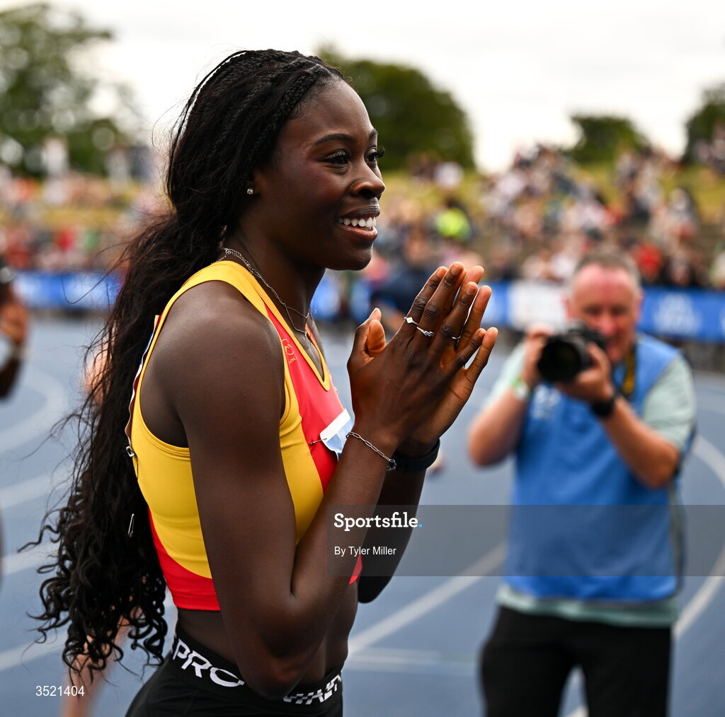 25 July 2026; Rhasidat Adeleke of Tallaght A.C., Dublin, celebrates after winning the women's 200m final during day one of the 123.ie National Senior Track & Field Championships 2026 at Morton Stadium in Dublin. Photo by Tyler Miller/Sportsfile