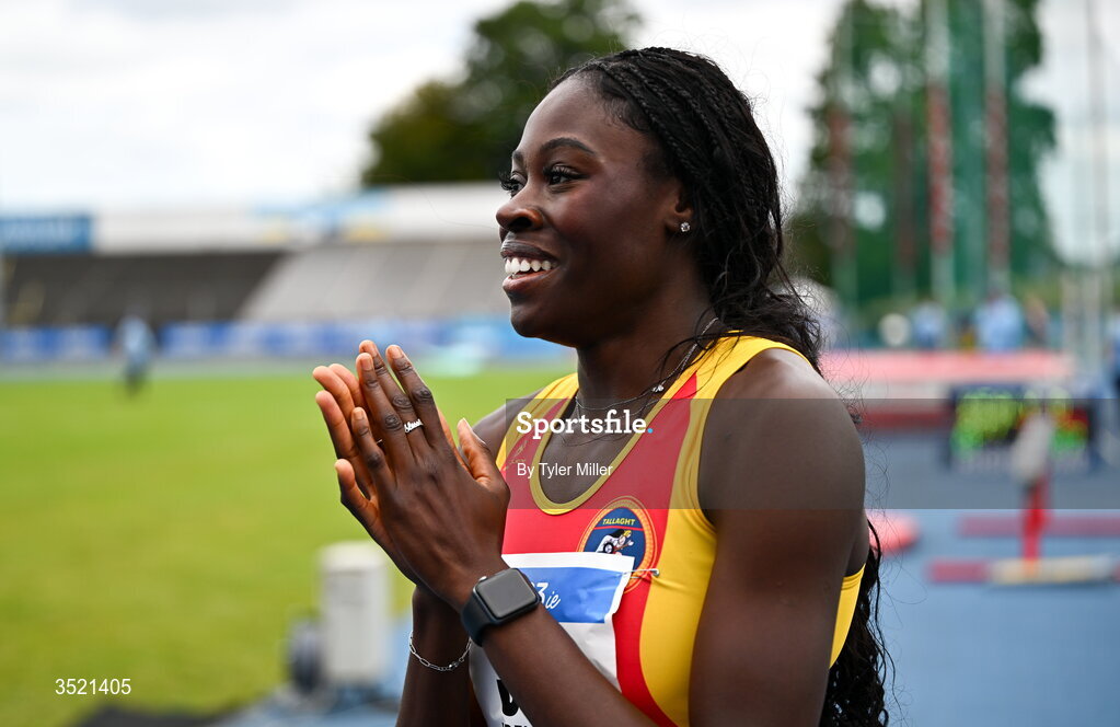 25 July 2026; Rhasidat Adeleke of Tallaght A.C., Dublin, celebrates after winning the women's 200m final during day one of the 123.ie National Senior Track & Field Championships 2026 at Morton Stadium in Dublin. Photo by Tyler Miller/Sportsfile