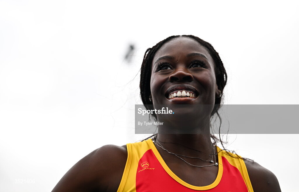 25 July 2026; Rhasidat Adeleke of Tallaght A.C., Dublin, celebrates after winning the women's 200m final during day one of the 123.ie National Senior Track & Field Championships 2026 at Morton Stadium in Dublin. Photo by Tyler Miller/Sportsfile