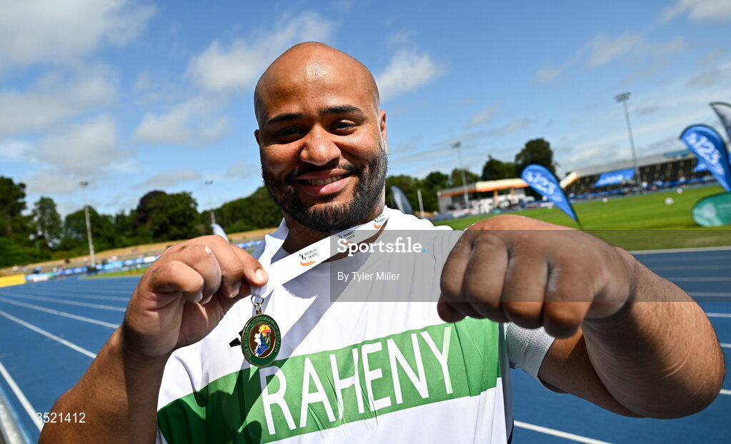 25 July 2026; Eric Favors of Raheny Shamrock A.C., Dublin, with his medal after winning in the men's shot put during day one of the 123.ie National Senior Track & Field Championships 2026 at Morton Stadium in Dublin. Photo by Tyler Miller/Sportsfile