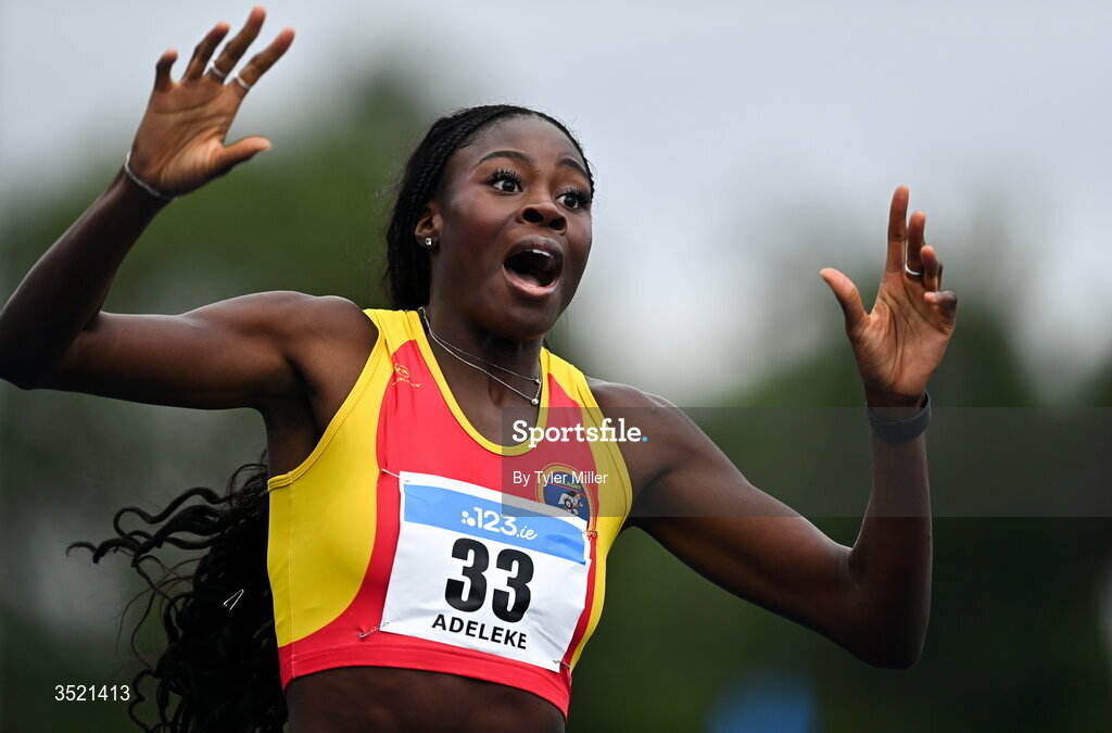 25 July 2026; Rhasidat Adeleke of Tallaght A.C., Dublin, celebrates after winning the women's 200m final during day one of the 123.ie National Senior Track & Field Championships 2026 at Morton Stadium in Dublin. Photo by Tyler Miller/Sportsfile
