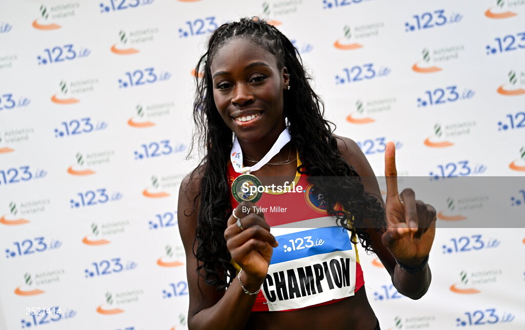 25 July 2026; Rhasidat Adeleke of Tallaght A.C., Dublin, with her medal after winning the women's 200m final during day one of the 123.ie National Senior Track & Field Championships 2026 at Morton Stadium in Dublin. Photo by Tyler Miller/Sportsfile