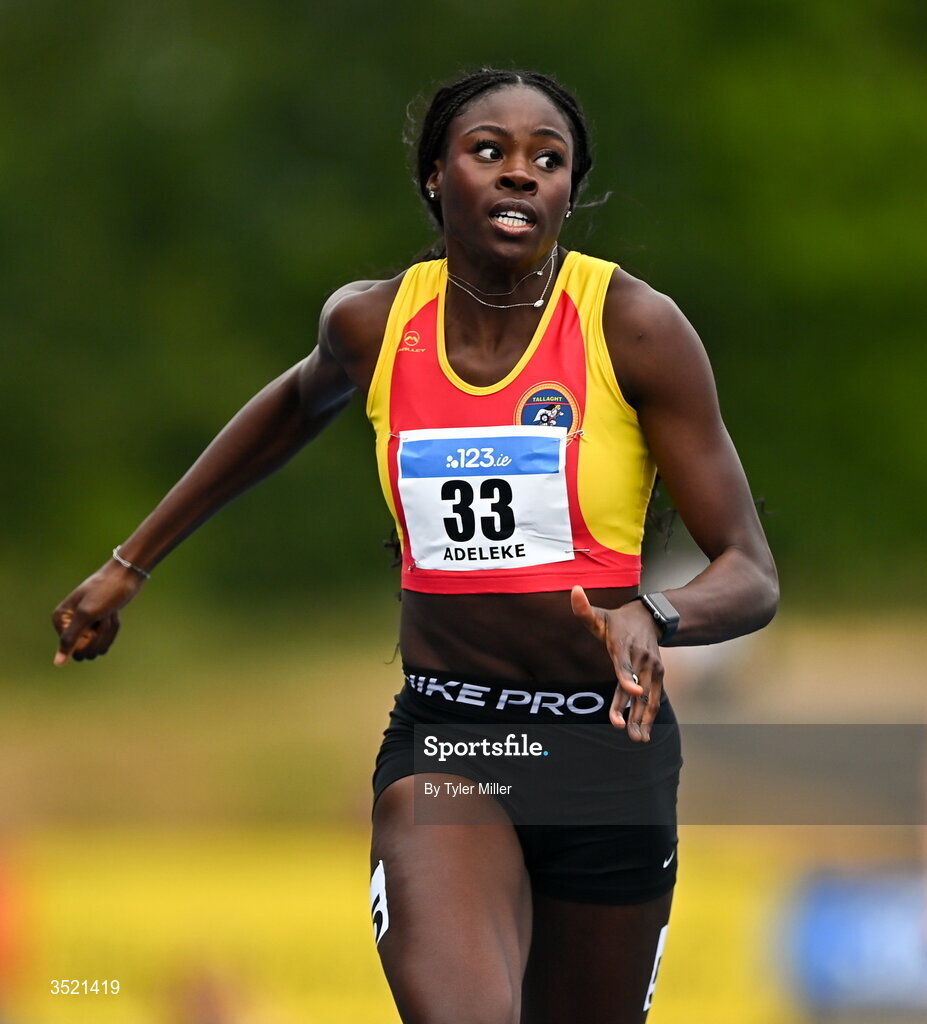 25 July 2026; Rhasidat Adeleke of Tallaght A.C., Dublin, celebrates after winning the women's 200m final during day one of the 123.ie National Senior Track & Field Championships 2026 at Morton Stadium in Dublin. Photo by Tyler Miller/Sportsfile