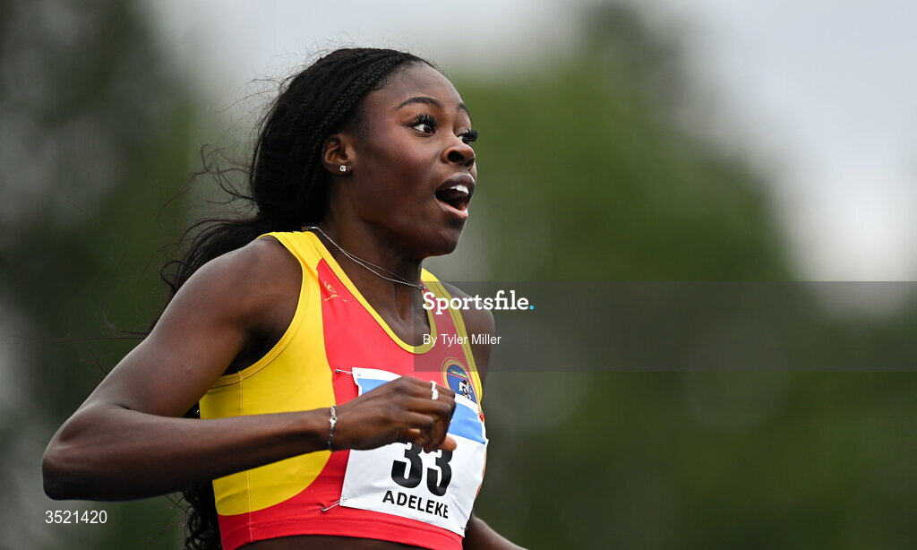 25 July 2026; Rhasidat Adeleke of Tallaght A.C., Dublin, celebrates after winning the women's 200m final during day one of the 123.ie National Senior Track & Field Championships 2026 at Morton Stadium in Dublin. Photo by Tyler Miller/Sportsfile