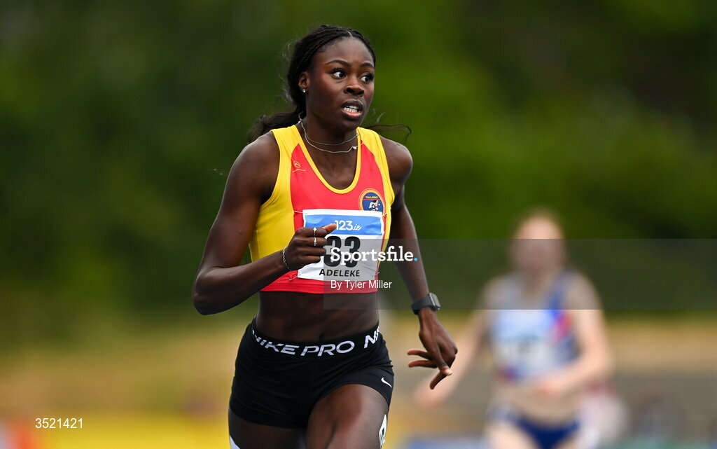 25 July 2026; Rhasidat Adeleke of Tallaght A.C., Dublin, celebrates after winning the women's 200m final during day one of the 123.ie National Senior Track & Field Championships 2026 at Morton Stadium in Dublin. Photo by Tyler Miller/Sportsfile