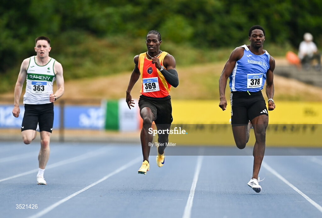 25 July 2026; Benjamin Richardson of Waterford A.C., Waterford, right, and Sean Aigboboh of Tallaght A.C., Dublin, centre, compete in the men's 200m final during day one of the 123.ie National Senior Track & Field Championships 2026 at Morton Stadium in Dublin. Photo by Tyler Miller/Sportsfile