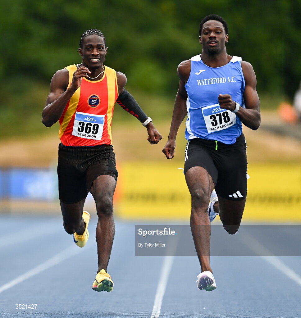 25 July 2026; Benjamin Richardson of Waterford A.C., Waterford, right, and Sean Aigboboh of Tallaght A.C., Dublin, compete in the men's 200m final during day one of the 123.ie National Senior Track & Field Championships 2026 at Morton Stadium in Dublin. Photo by Tyler Miller/Sportsfile
