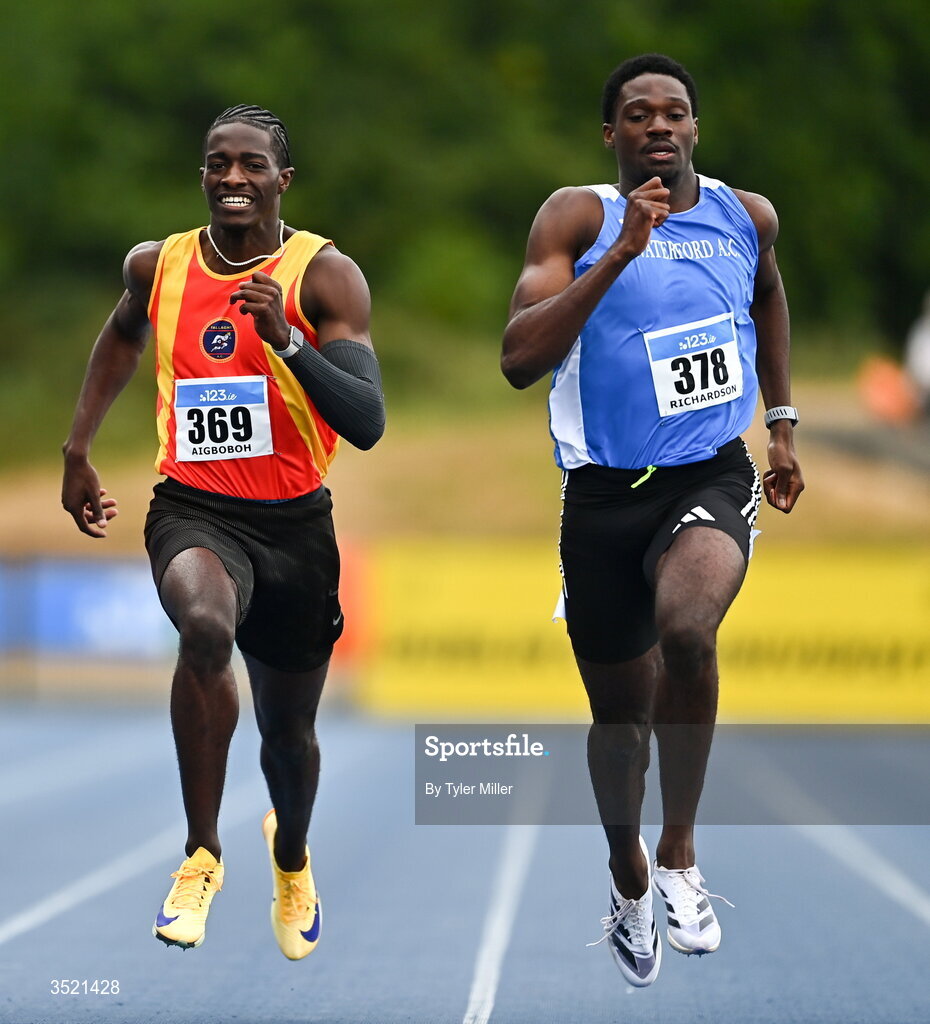 25 July 2026; Benjamin Richardson of Waterford A.C., Waterford, right, and Sean Aigboboh of Tallaght A.C., Dublin, compete in the men's 200m final during day one of the 123.ie National Senior Track & Field Championships 2026 at Morton Stadium in Dublin. Photo by Tyler Miller/Sportsfile