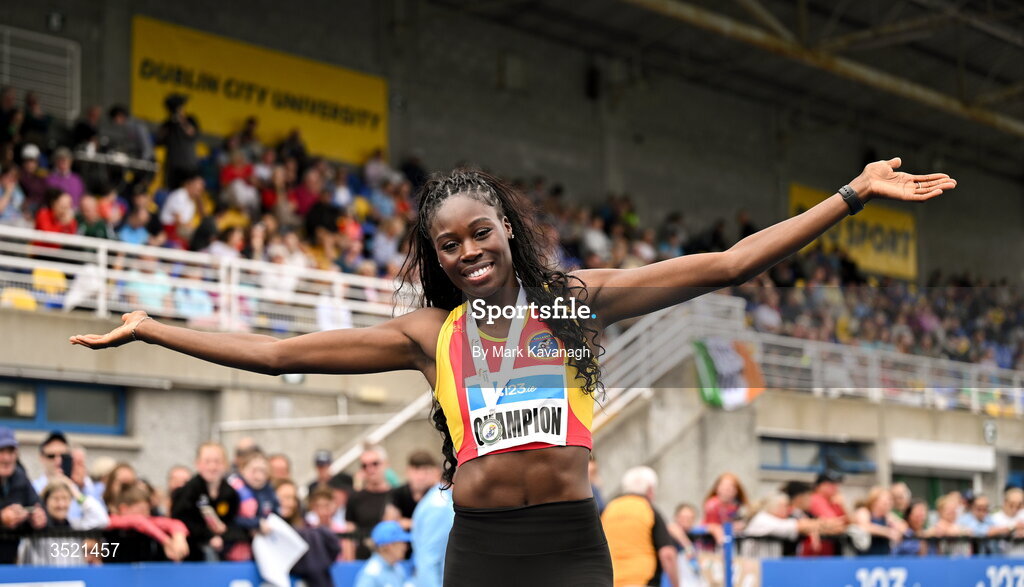 25 July 2026; Rhasidat Adeleke of Tallaght A.C. poses after winning the 200m and running a european A standard during day one of the 123.ie National Senior Track & Field Championships 2026 at Morton Stadium in Dublin. Photo by Mark Kavanagh/Sportsfile