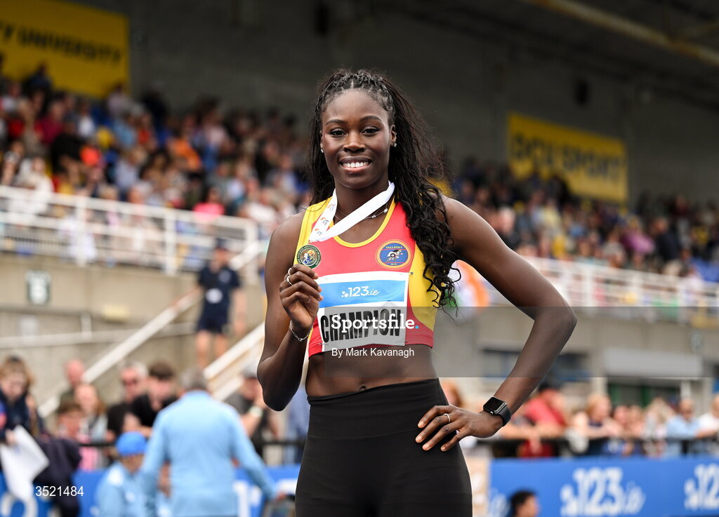 25 July 2026; Rhasidat Adeleke of Tallaght A.C. poses after winning the 200m and running a european A standard during day one of the 123.ie National Senior Track & Field Championships 2026 at Morton Stadium in Dublin. Photo by Mark Kavanagh/Sportsfile