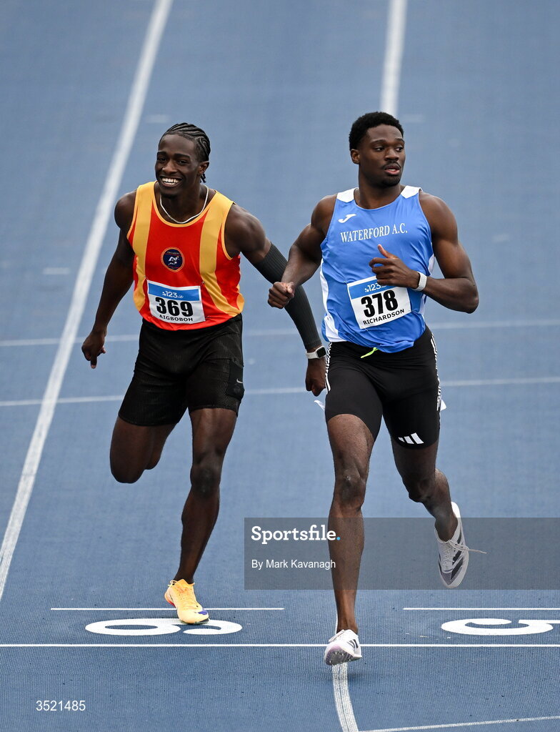 25 July 2026; Benjamin Richardson of Waterford A.C., right, takes gold over Sean Aigboboh of Tallaght A.C. in the 200m final during day one of the 123.ie National Senior Track & Field Championships 2026 at Morton Stadium in Dublin. Photo by Mark Kavanagh/Sportsfile