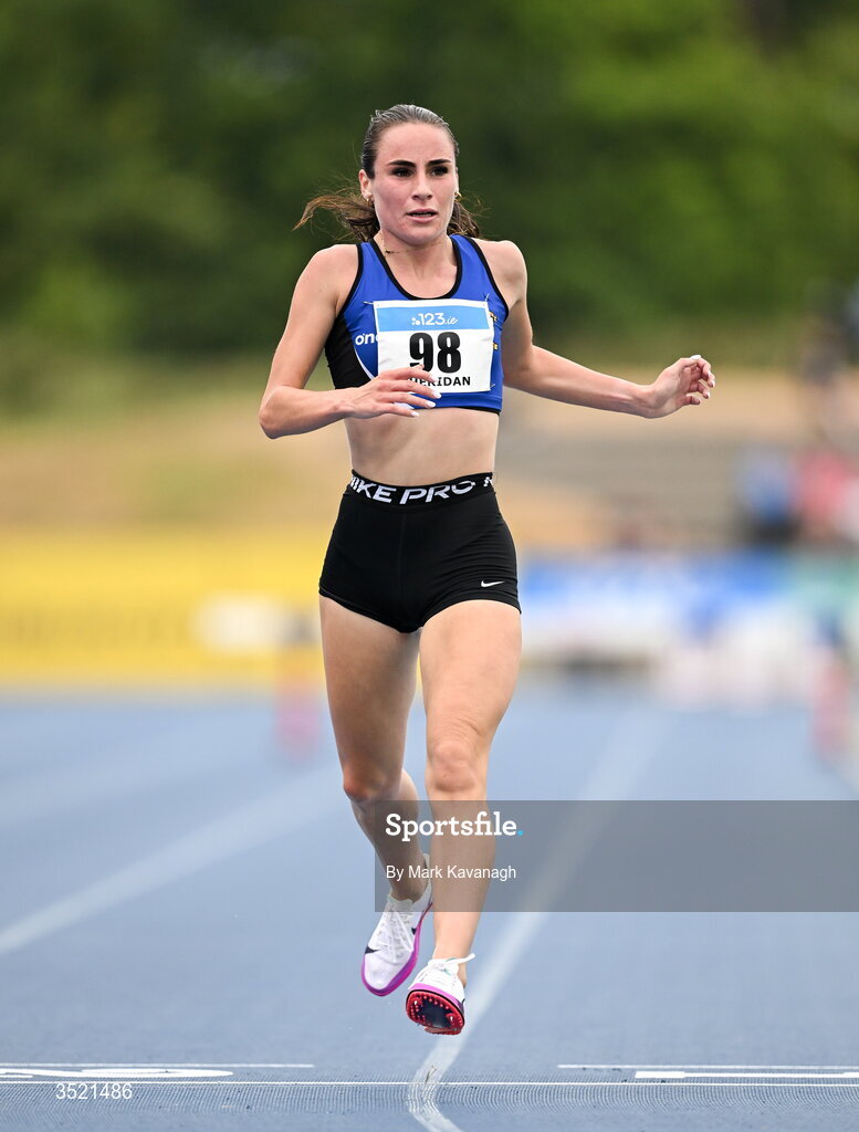 25 July 2026; Abbie Sheridan of St. Peter's A.C. crosses the line to win the 3000m steeplechase during day one of the 123.ie National Senior Track & Field Championships 2026 at Morton Stadium in Dublin. Photo by Mark Kavanagh/Sportsfile