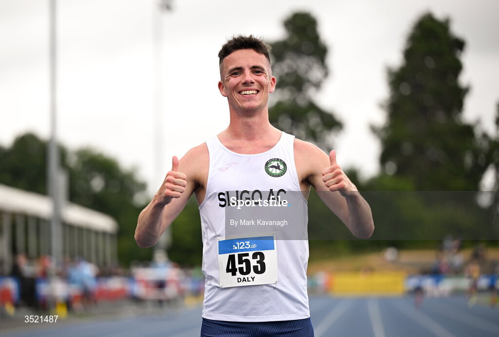 25 July 2026; Finley Daly of Sligo A.C. poses after winning the 3000m steeplechase during day one of the 123.ie National Senior Track & Field Championships 2026 at Morton Stadium in Dublin. Photo by Mark Kavanagh/Sportsfile