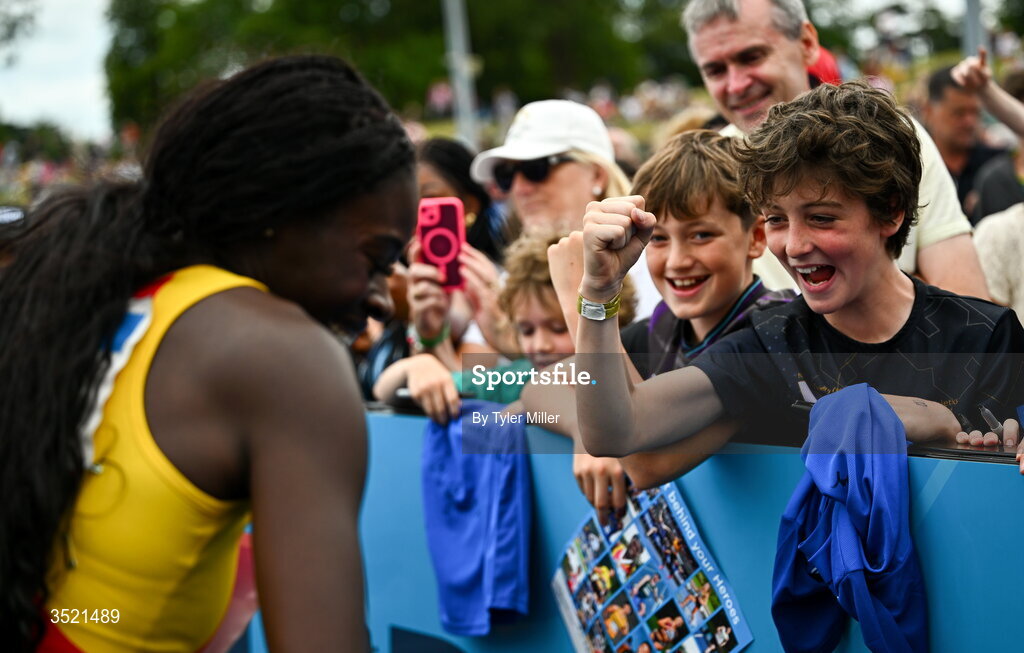 25 July 2026; Rhasidat Adeleke of Tallaght A.C., Dublin, celebrates with supporters after winning the women's 200m final during day one of the 123.ie National Senior Track & Field Championships 2026 at Morton Stadium in Dublin. Photo by Tyler Miller/Sportsfile