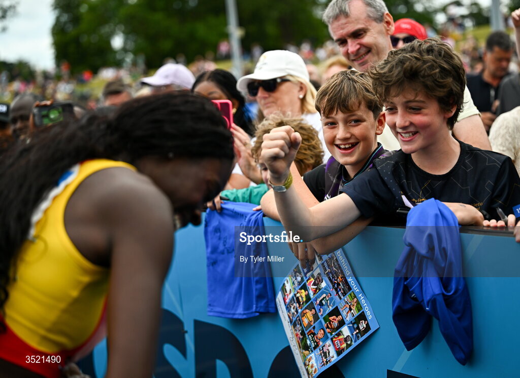25 July 2026; Rhasidat Adeleke of Tallaght A.C., Dublin, celebrates with supporters after winning the women's 200m final during day one of the 123.ie National Senior Track & Field Championships 2026 at Morton Stadium in Dublin. Photo by Tyler Miller/Sportsfile