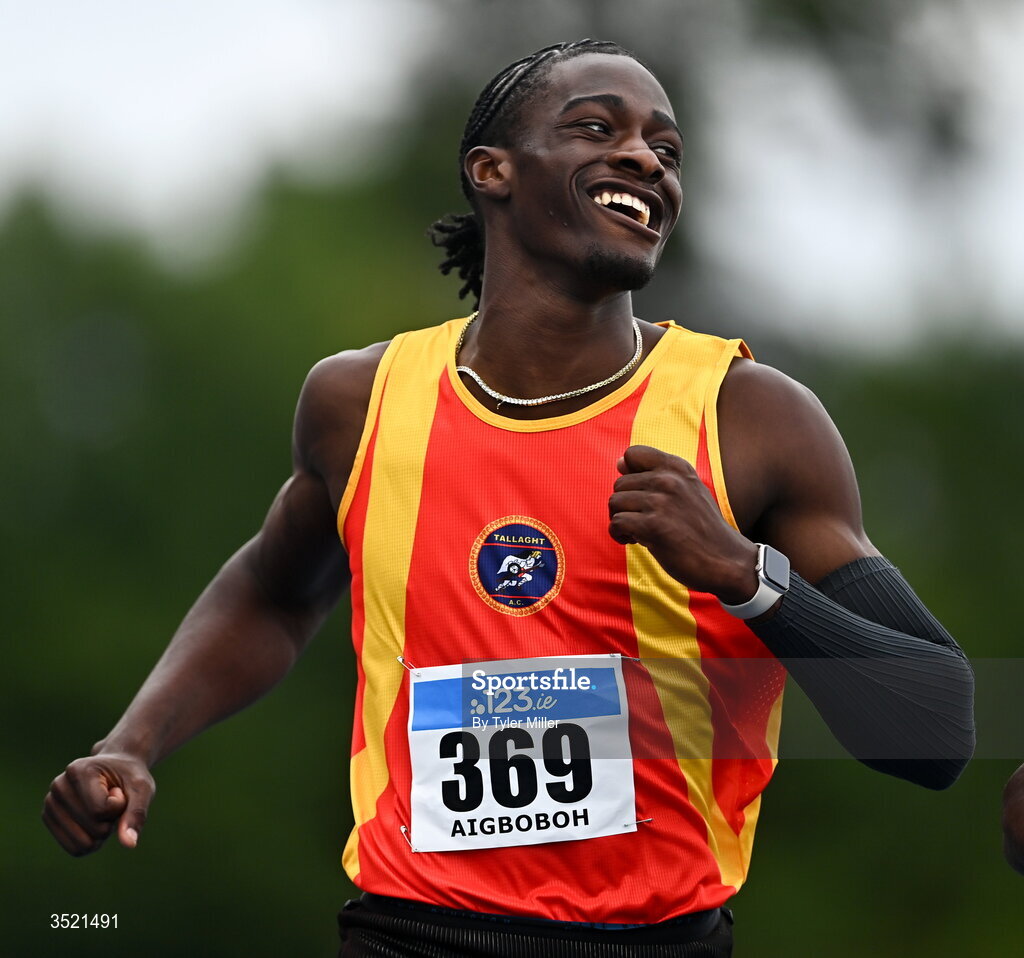 25 July 2026; BSean Aigboboh of Tallaght A.C., Dublin, reacts after finishing second in the men's 200m final during day one of the 123.ie National Senior Track & Field Championships 2026 at Morton Stadium in Dublin. Photo by Tyler Miller/Sportsfile
