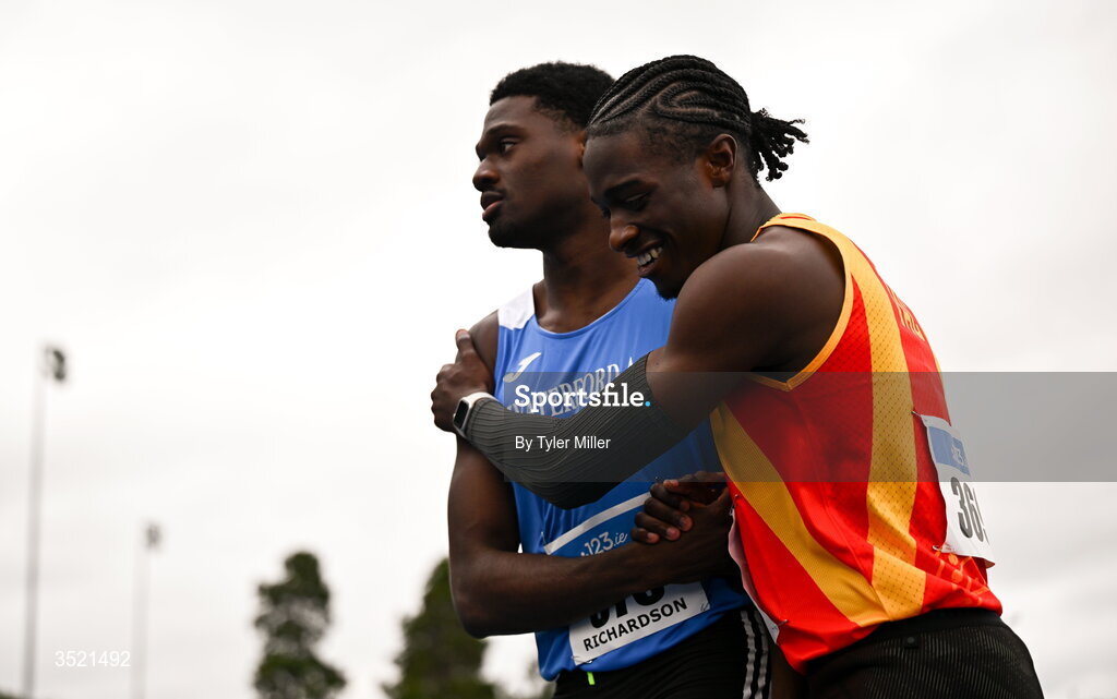 25 July 2026; Benjamin Richardson of Waterford A.C., Waterford, left, and Sean Aigboboh of Tallaght A.C., Dublin, after competing in the men's 200m final during day one of the 123.ie National Senior Track & Field Championships 2026 at Morton Stadium in Dublin. Photo by Tyler Miller/Sportsfile