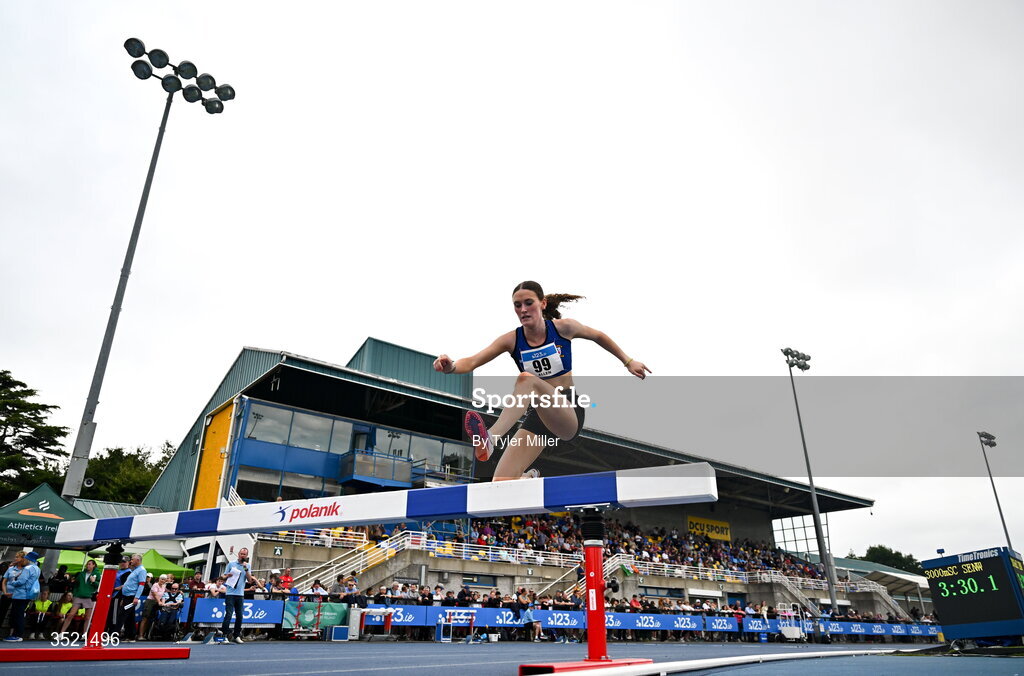 25 July 2026; Dearbhla Allen of St. Peter's A.C., Louth, competes in the women's 3000m steeplechase final during day one of the 123.ie National Senior Track & Field Championships 2026 at Morton Stadium in Dublin. Photo by Tyler Miller/Sportsfile