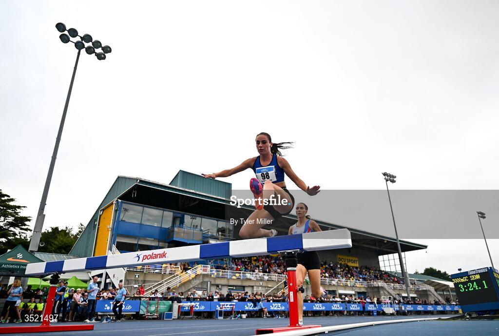 25 July 2026; Abbie Sheridan of St. Peter's A.C., Louth, competes in the women's 3000m steeplechase final during day one of the 123.ie National Senior Track & Field Championships 2026 at Morton Stadium in Dublin. Photo by Tyler Miller/Sportsfile
