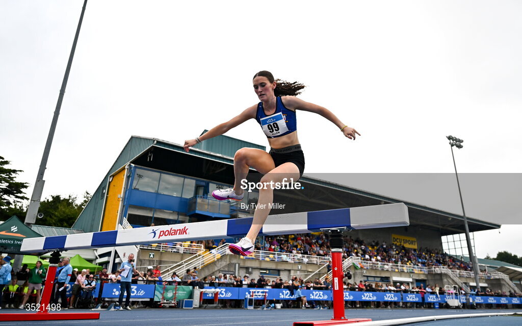 25 July 2026; Dearbhla Allen of St. Peter's A.C., Louth, competes in the women's 3000m steeplechase final during day one of the 123.ie National Senior Track & Field Championships 2026 at Morton Stadium in Dublin. Photo by Tyler Miller/Sportsfile
