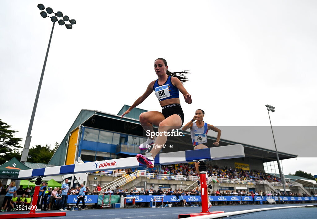 25 July 2026; Abbie Sheridan of St. Peter's A.C., Louth, competes in the women's 3000m steeplechase final during day one of the 123.ie National Senior Track & Field Championships 2026 at Morton Stadium in Dublin. Photo by Tyler Miller/Sportsfile