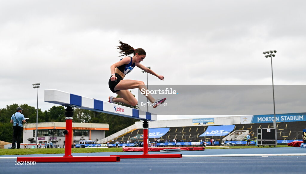25 July 2026; Dearbhla Allen of St. Peter's A.C., Louth, competes in the women's 3000m steeplechase final during day one of the 123.ie National Senior Track & Field Championships 2026 at Morton Stadium in Dublin. Photo by Tyler Miller/Sportsfile